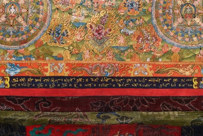 A large and fine inscribed 'mandala' thangka with decorated back, Tibet, 19th C.