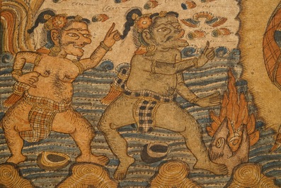 Ecole indon&eacute;sienne: Une sc&egrave;ne du Ramayana, encre et couleur sur tissu d'&eacute;corce, 19/20&egrave;me