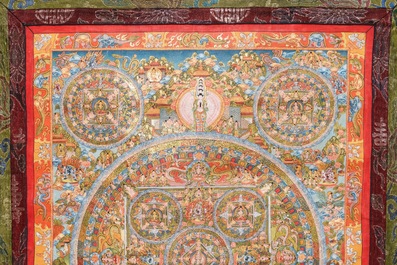 A large and fine inscribed 'mandala' thangka with decorated back, Tibet, 19th C.