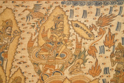 Ecole indon&eacute;sienne: Une sc&egrave;ne du Ramayana, encre et couleur sur tissu d'&eacute;corce, 19/20&egrave;me