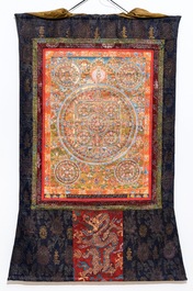 A large and fine inscribed 'mandala' thangka with decorated back, Tibet, 19th C.