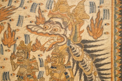 Ecole indon&eacute;sienne: Une sc&egrave;ne du Ramayana, encre et couleur sur tissu d'&eacute;corce, 19/20&egrave;me