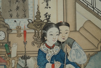 Chinese school: Koppel met opiumpijp, inkt en kleur op papier, 18/19e eeuw