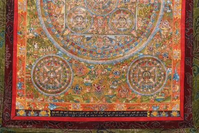 Een grote en fijne 'mandala' thangka met inscriptie en tekening achteraan, Tibet, 19e eeuw