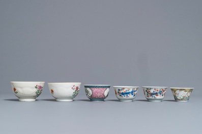 Six tasses et soucoupes en porcelaine de Chine famille rose et de style Imari, 18&egrave;me