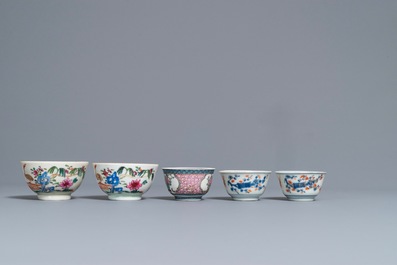 Six various Chinese famille rose and Imari-style cups and saucers, 18th C.