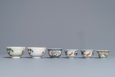 Six various Chinese famille rose and Imari-style cups and saucers, 18th C.