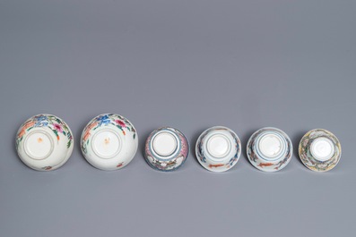 Six various Chinese famille rose and Imari-style cups and saucers, 18th C.