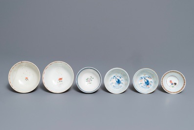 Six various Chinese famille rose and Imari-style cups and saucers, 18th C.