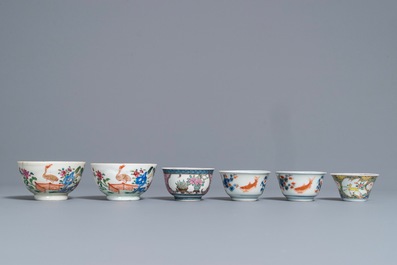 Six various Chinese famille rose and Imari-style cups and saucers, 18th C.