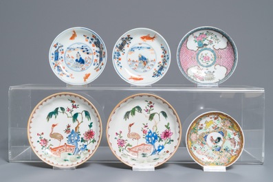 Six various Chinese famille rose and Imari-style cups and saucers, 18th C.