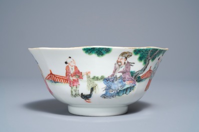 A Chinese octagonal famille rose bowl with figures in a landscape, Daoguang mark and of the period