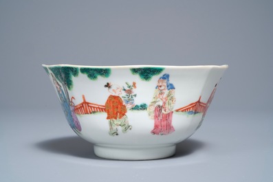 A Chinese octagonal famille rose bowl with figures in a landscape, Daoguang mark and of the period