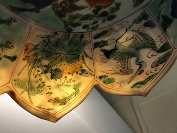 A pair of Chinese famille verte lotus-shaped plates, Kangxi