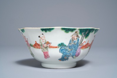 A Chinese octagonal famille rose bowl with figures in a landscape, Daoguang mark and of the period