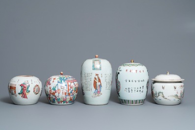 Five Chinese famille rose jars and covers, 19th C.