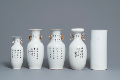 Vijf Chinese famille rose en qianjiang cai vazen, 19/20e eeuw