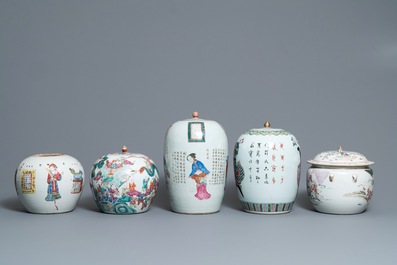 Five Chinese famille rose jars and covers, 19th C.