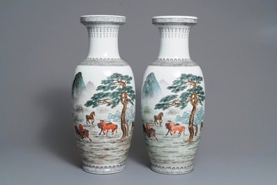 A pair of Chinese 'nine horses' vases and three famille rose jardini&egrave;res, Republic, 20th C.