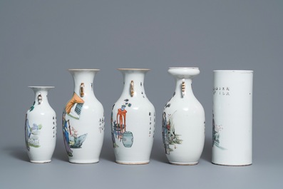 Cinq vases en porcelaine de Chine famille rose et qianjiang cai, 19/20&egrave;me