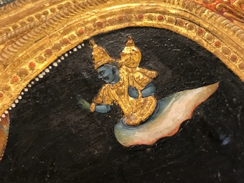 Thanjavur school, Zuid-India: Vishnu rustend op Ananta-Shesha, pigment en bladgoud op textiel, 19/20e eeuw