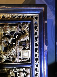 A Chinese Straits or Peranakan market gilded and lacquered wood altar box on stand and a table display, 19th C.