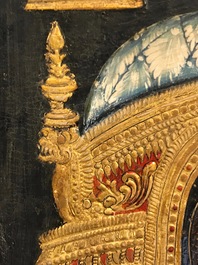 Thanjavur school, Zuid-India: Vishnu rustend op Ananta-Shesha, pigment en bladgoud op textiel, 19/20e eeuw