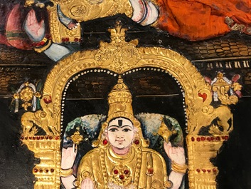 Thanjavur school, Zuid-India: Vishnu rustend op Ananta-Shesha, pigment en bladgoud op textiel, 19/20e eeuw