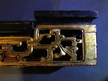 A Chinese Straits or Peranakan market gilded and lacquered wood altar box on stand and a table display, 19th C.