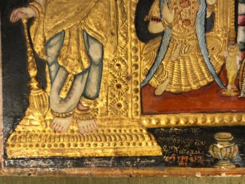 Thanjavur school, Zuid-India: Vishnu rustend op Ananta-Shesha, pigment en bladgoud op textiel, 19/20e eeuw