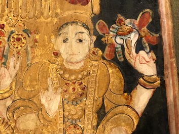 Ecole de Thanjavur, Inde du Sud: Vishnu reposant sur Ananta-Shesha, pigments et dorure sur tissu, 19/20&egrave;me