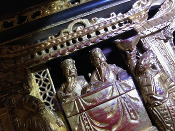 A Chinese Straits or Peranakan market gilded and lacquered wood altar box on stand and a table display, 19th C.