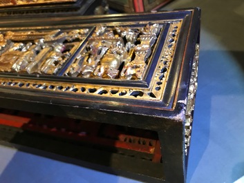 A Chinese Straits or Peranakan market gilded and lacquered wood altar box on stand and a table display, 19th C.