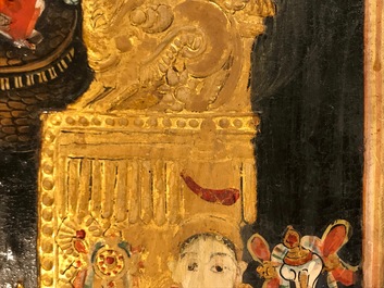 Thanjavur school, Zuid-India: Vishnu rustend op Ananta-Shesha, pigment en bladgoud op textiel, 19/20e eeuw