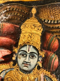 Thanjavur school, Zuid-India: Vishnu rustend op Ananta-Shesha, pigment en bladgoud op textiel, 19/20e eeuw