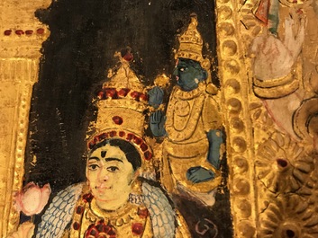 Thanjavur school, Zuid-India: Vishnu rustend op Ananta-Shesha, pigment en bladgoud op textiel, 19/20e eeuw