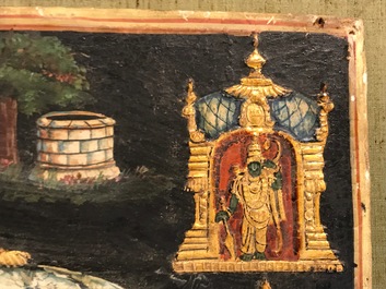 Thanjavur school, Zuid-India: Vishnu rustend op Ananta-Shesha, pigment en bladgoud op textiel, 19/20e eeuw