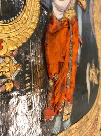 Thanjavur school, Zuid-India: Vishnu rustend op Ananta-Shesha, pigment en bladgoud op textiel, 19/20e eeuw