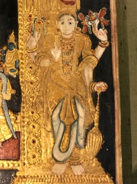 Thanjavur school, Zuid-India: Vishnu rustend op Ananta-Shesha, pigment en bladgoud op textiel, 19/20e eeuw
