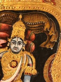 Thanjavur school, Zuid-India: Vishnu rustend op Ananta-Shesha, pigment en bladgoud op textiel, 19/20e eeuw