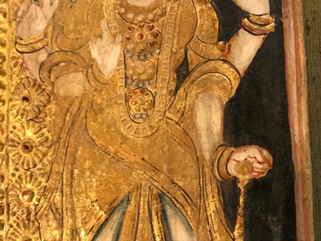 Thanjavur school, Zuid-India: Vishnu rustend op Ananta-Shesha, pigment en bladgoud op textiel, 19/20e eeuw