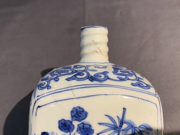 A Chinese blue and white square bottle, Wanli, and a vase and cover, Kangxi