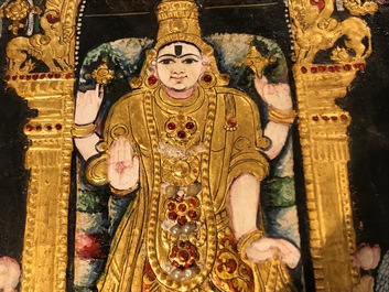 Ecole de Thanjavur, Inde du Sud: Vishnu reposant sur Ananta-Shesha, pigments et dorure sur tissu, 19/20&egrave;me