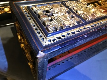 A Chinese Straits or Peranakan market gilded and lacquered wood altar box on stand and a table display, 19th C.