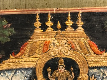 Thanjavur school, Zuid-India: Vishnu rustend op Ananta-Shesha, pigment en bladgoud op textiel, 19/20e eeuw