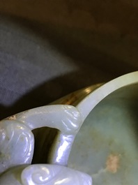 A Chinese celadon and brown jade chilong-handled cup, prob. early Qing