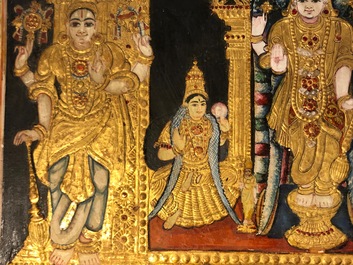 Thanjavur school, South India: Vishnu resting on Ananta-Shesha, pigment and gold leaf on cloth, 19/20th C.