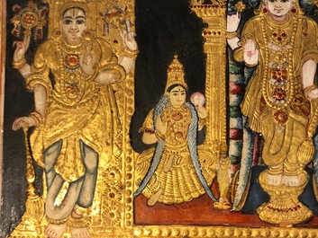 Ecole de Thanjavur, Inde du Sud: Vishnu reposant sur Ananta-Shesha, pigments et dorure sur tissu, 19/20&egrave;me