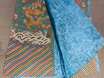 A Chinese embroidered turquoise-ground five-clawed dragon robe, 'jifu', 19th C.