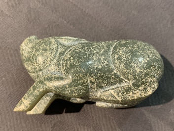 A Chinese jade deer rhyton cup and a spinach green jade pig, Han or later